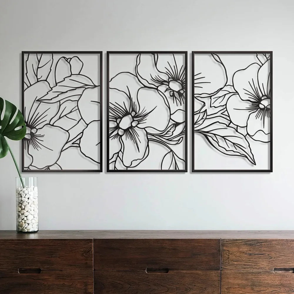 3 packs Minimalist Black Floral Metal Wall Art - Elegant Home Decor Accent,Wall decoration,Wall Sticker,Iron Art,Wall decoration