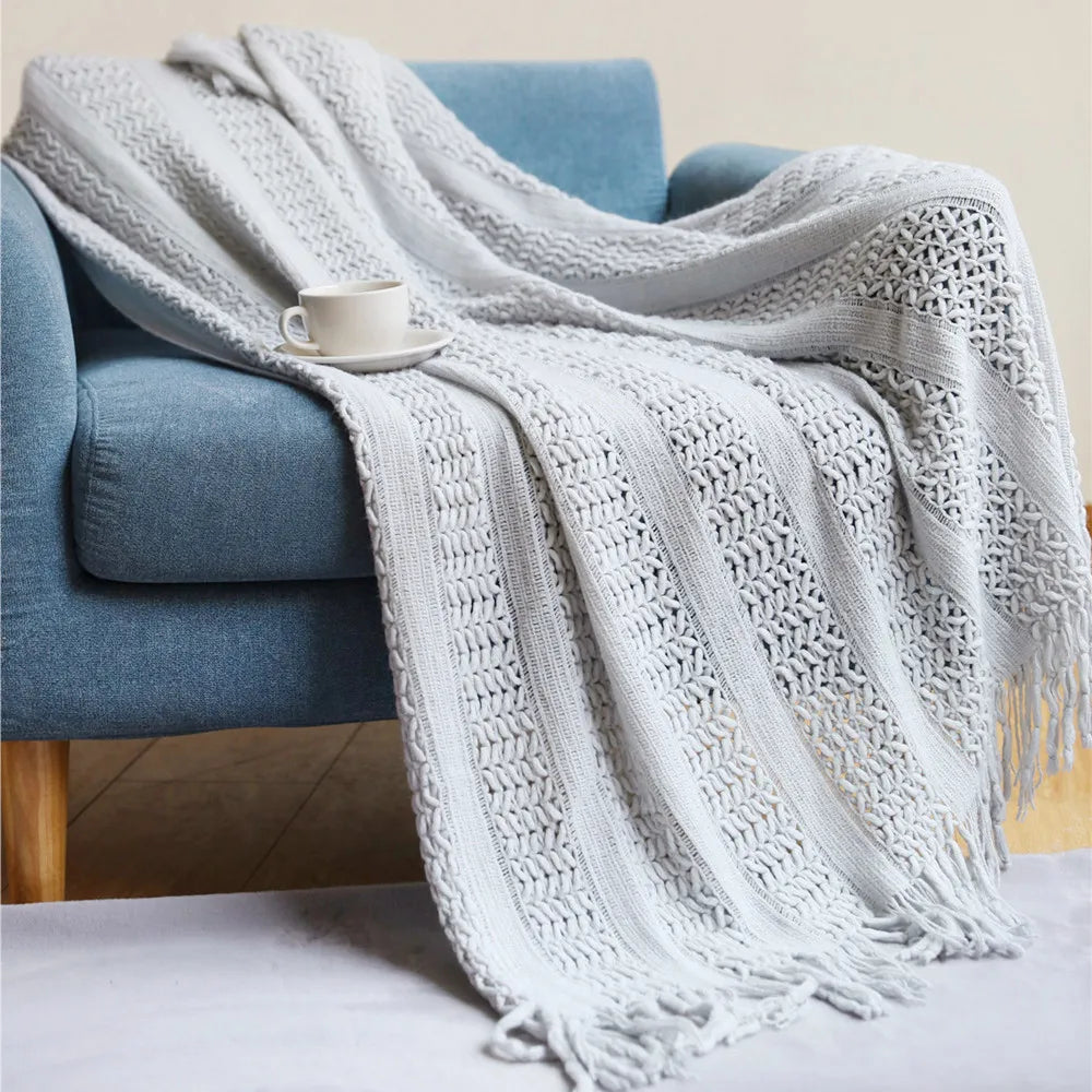Cream White Textured Knitted Throw Blankets With Tassels Vintage Lightweight Farmhouse Gift Blankets 50x60inch Gift Blankets