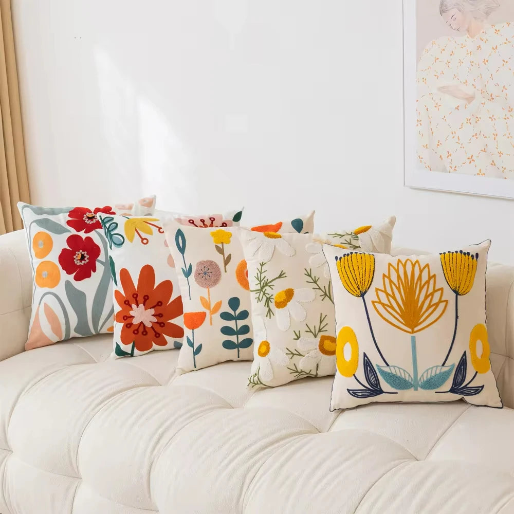 1PC Boho Embroidery Flower Throw Pillow Cover 17.7inx17.7in