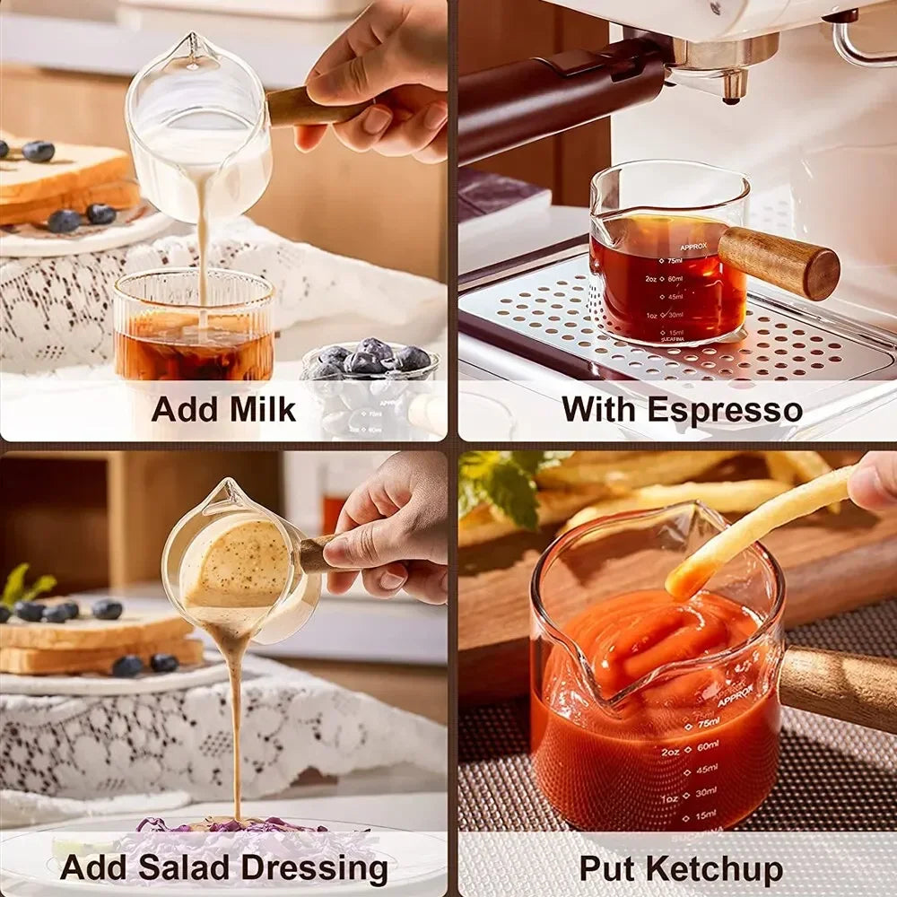 Glass Measuring Cup With Wood Handle 1pc Glass Espresso Measuring Cup Double Single Mouth Milk Coffee Clear Mug Coffee Supplies