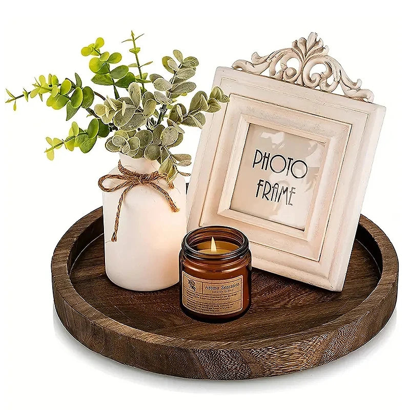 1Pc Round Wooden Tray Candle Holder Kitchen Countertop Multi-purpose Tray Home Decor for Farmhouse Dinning Table