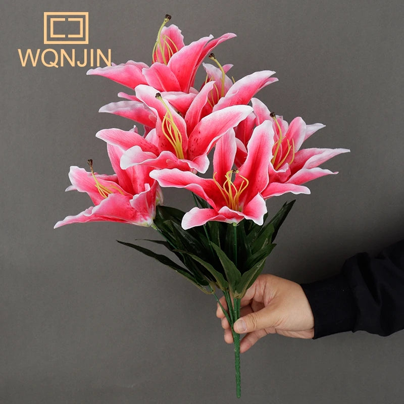 9 Heads/Branch White Lily Artificial Flower Simulation Flower Decorative Home Decoration Gift Lily Branch Fake Bouquet