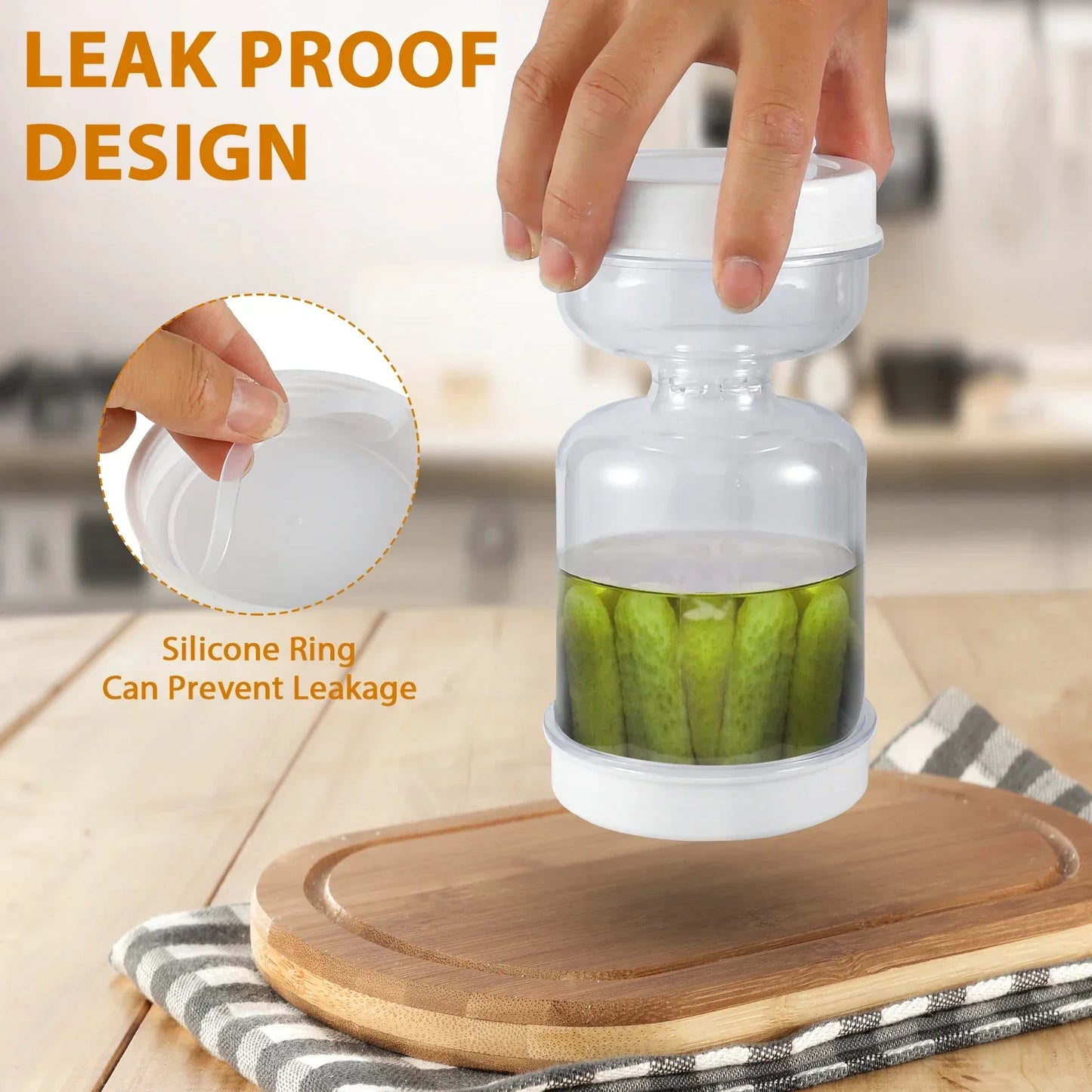 Pickle Container Wet and Dry Separation Pickle Olive Jar with Fork Leakproof Airtight Food Storage Upside Down Pickle Container