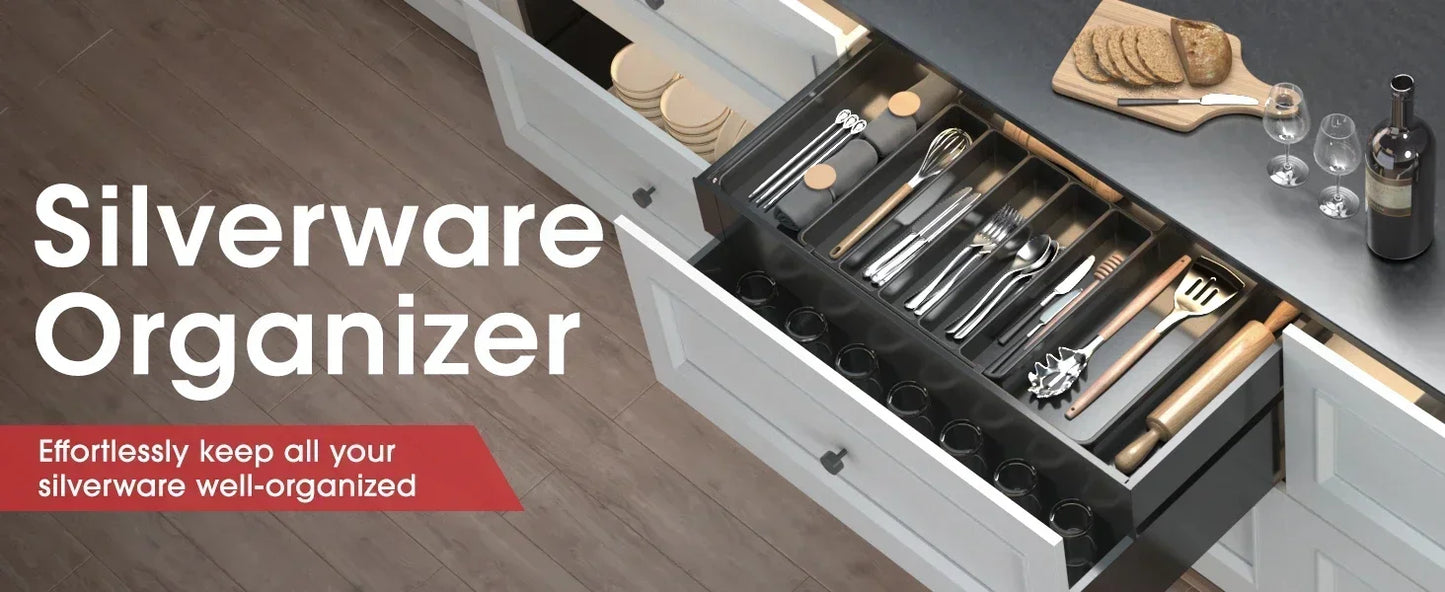 Kitchen Organizer Tray Adjustable Pantry Organizer Utensil Cutlery Drawer  for Silverware Tableware Expandable Kitchen Drawer
