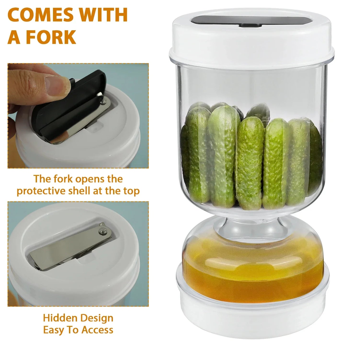 Pickle Container Wet and Dry Separation Pickle Olive Jar with Fork Leakproof Airtight Food Storage Upside Down Pickle Container