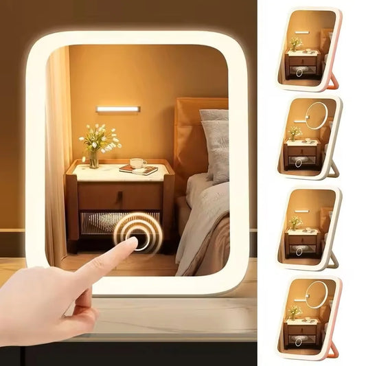 LED Makeup Mirror, 3-Color Light, 360° Rotatable, Touch Control, USB Powered, Tabletop Vanity Mirror for Bedroom Bathroom Travel