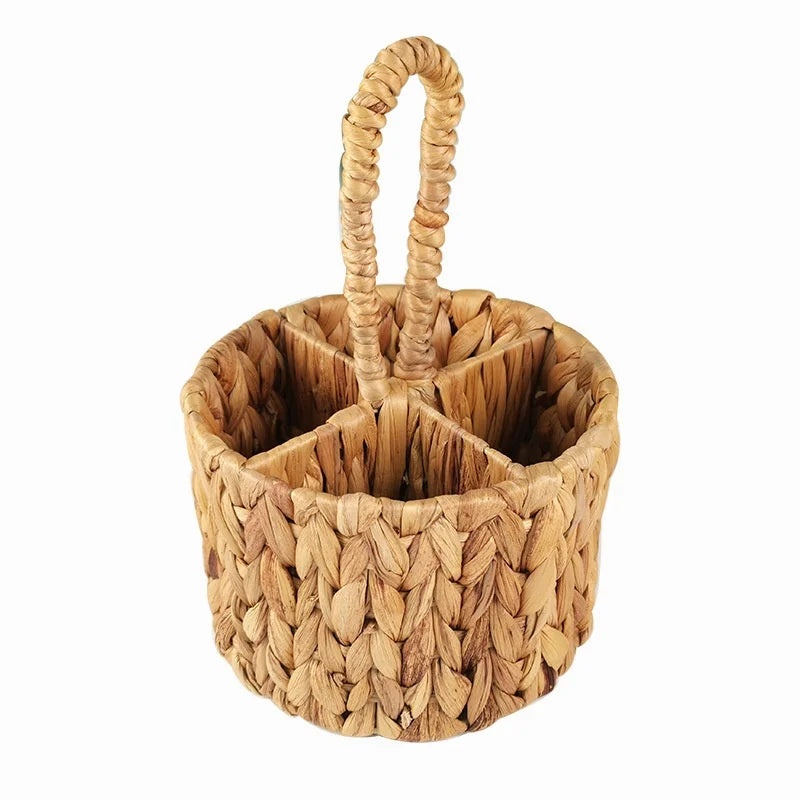 Rattan Wicker Storage Basket Hand Woven Flatware Organizer Round Storage Box Water Hyacinth Storage Basket Cutlery Holder