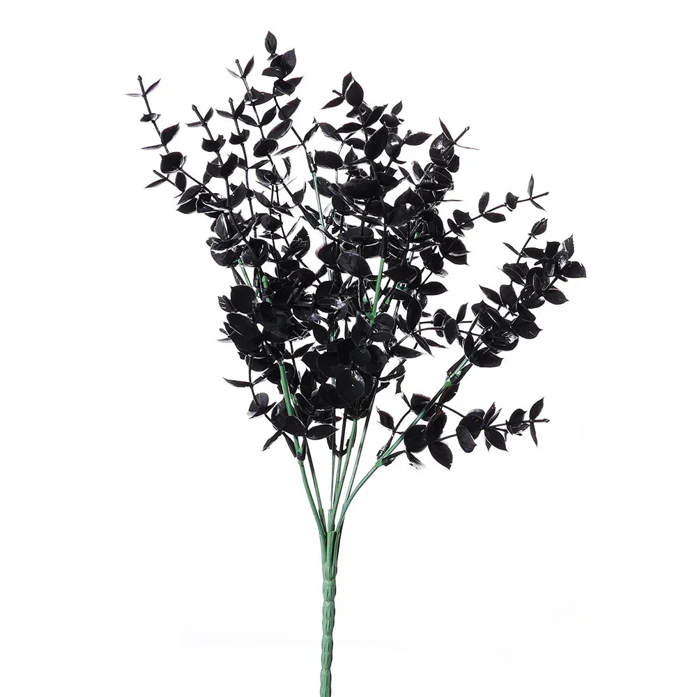 7 Branches Black Eucalyptus Leaf Plastic Artificial Plants Persian Fern Halloween Fake Flower Bouquet Home Party Decoration