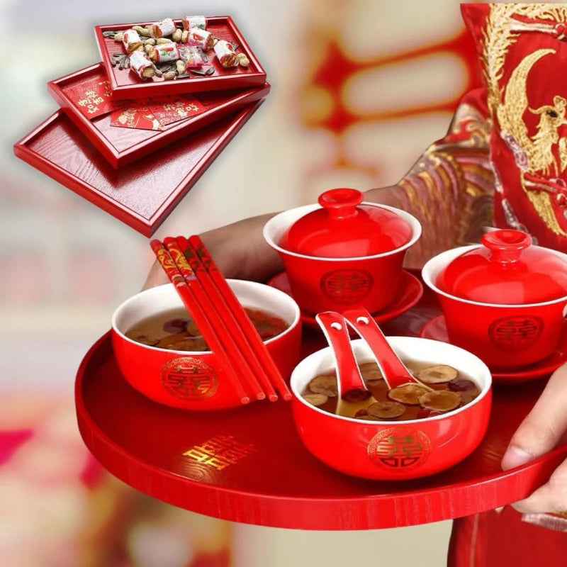 Chinese Red Solid Wood Tray Wedding Wedding Decorative Tray Home Dry Brew Tea Tray Wedding Supplies