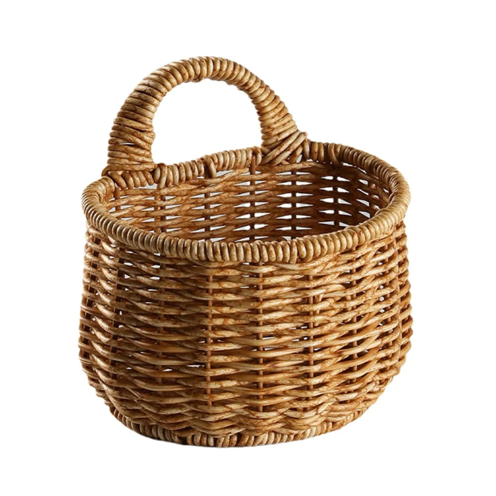 Kitchen Storage Rattan Basket with Handle Woven Hanging Baskets Minimalist Design Living Room Food Fruit Sundries Organizer  ﻿