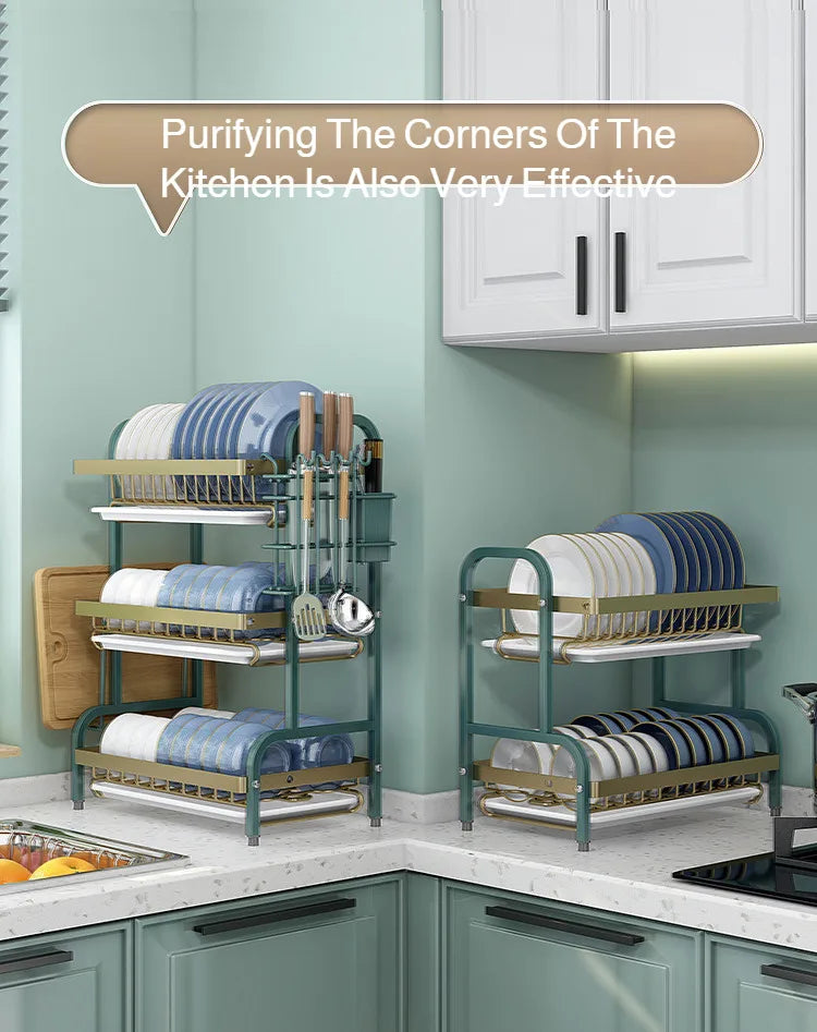 【Multi-Functional Kitchen Storage Rack】Dish Plate Organizer with Drainage Rack Countertop Utensil Holder for Chopsticks &