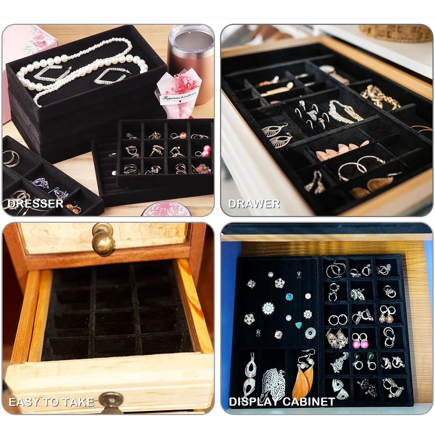 4pcs Hot Sales Fashion Portable Velvet Jewelry Ring Jewelry Display Organizer Box Tray Holder Earring Jewelry Storage