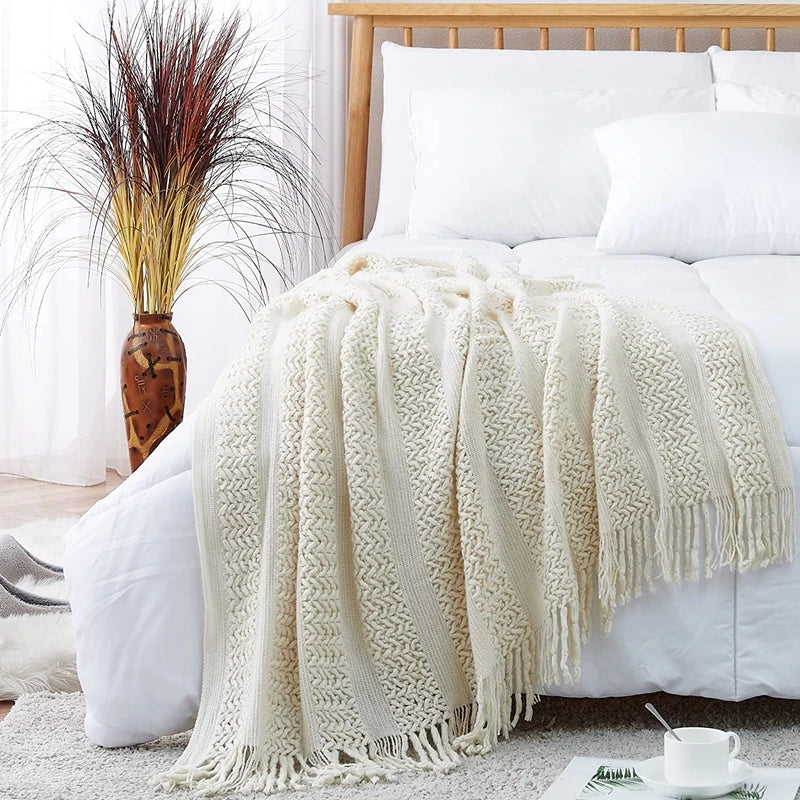 Cream White Textured Knitted Throw Blankets With Tassels Vintage Lightweight Farmhouse Gift Blankets 50x60inch Gift Blankets