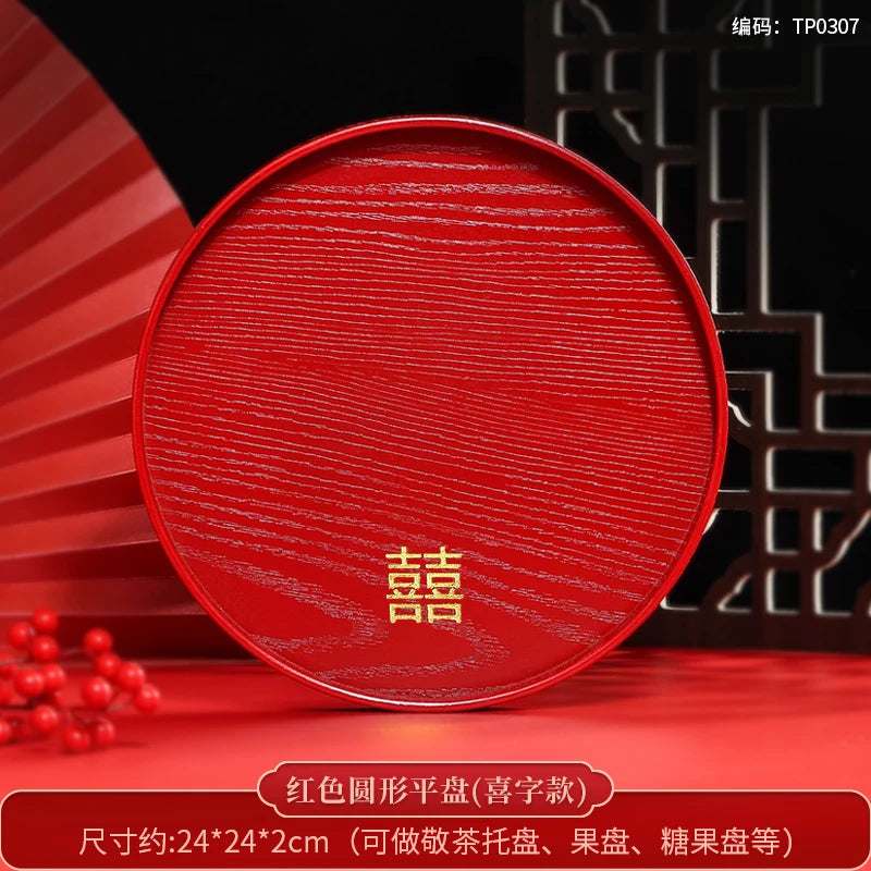 Chinese Red Solid Wood Tray Wedding Wedding Decorative Tray Home Dry Brew Tea Tray Wedding Supplies