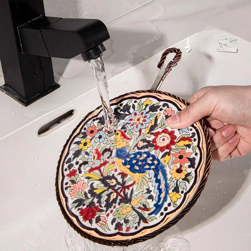 1pcs Ceramic Insulation Pad Ceramic Surface and Cork Bottom Construction with Hanging Rope Suitable for Serving Plates Cups Pans