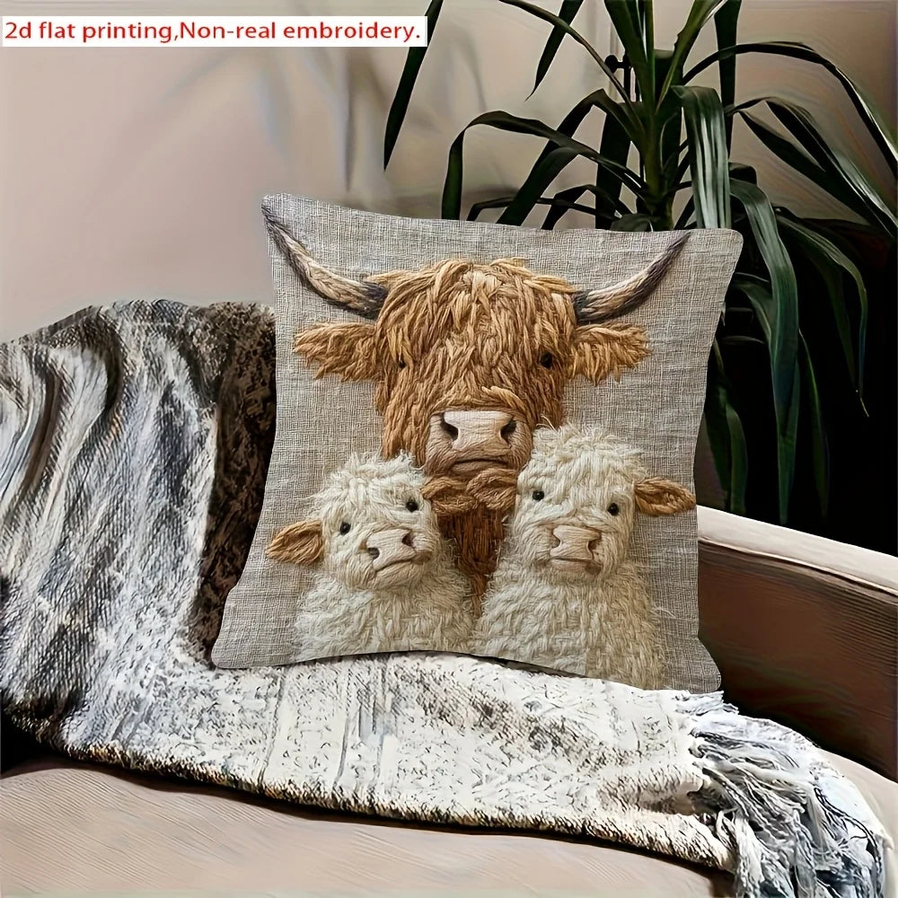 Highland Cow Family Design Pillow Cover-Soft Polyester,45cm x 45cm,Zipper Closure,Machine Washable (Pillow Insert Not Included)