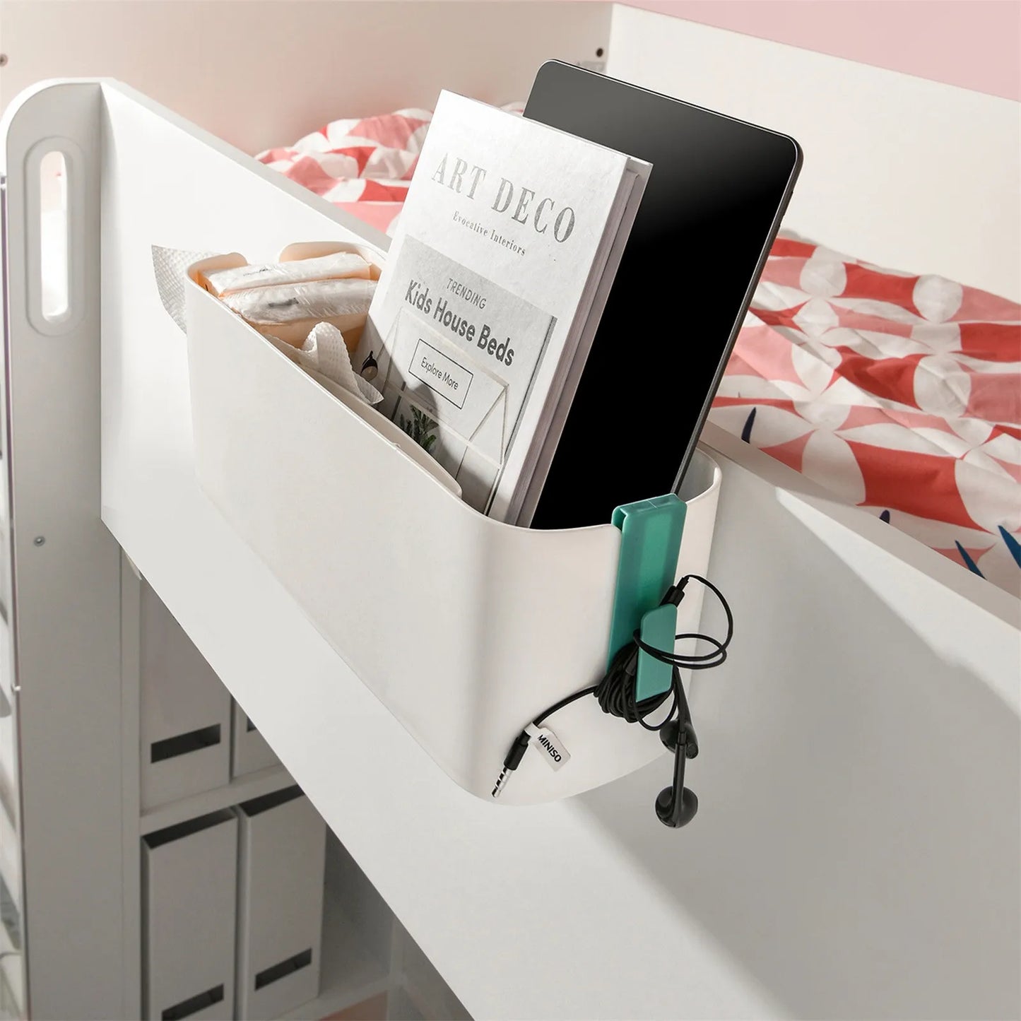 Bedside Hanging Basket Organizer with Hooks Dorm Bunk Beds Shelf  Table Storage Holder for Remote Controls Magazines Phone