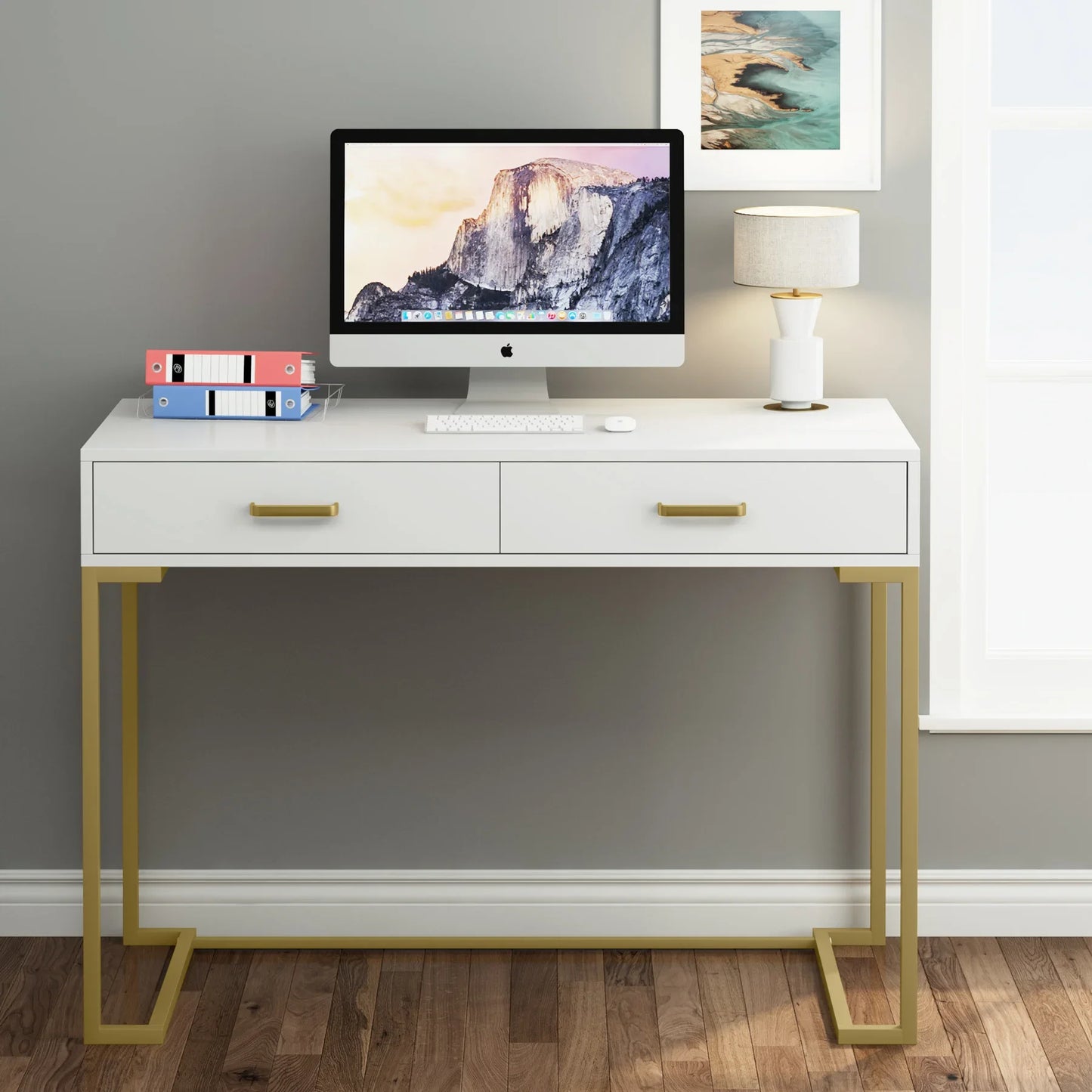 Tribesigns Vanity Desk with 2 Drawers,White and Gold Small Makeup Vanity,Modern Vanity Table Dressing Desk for Women Girls Gift