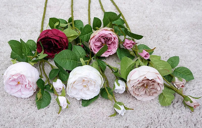 High Quality Simulation Single Branch 3 Roses Home Living Room Dining Table Wedding Decoration Fake Artificial Flowers Cheap