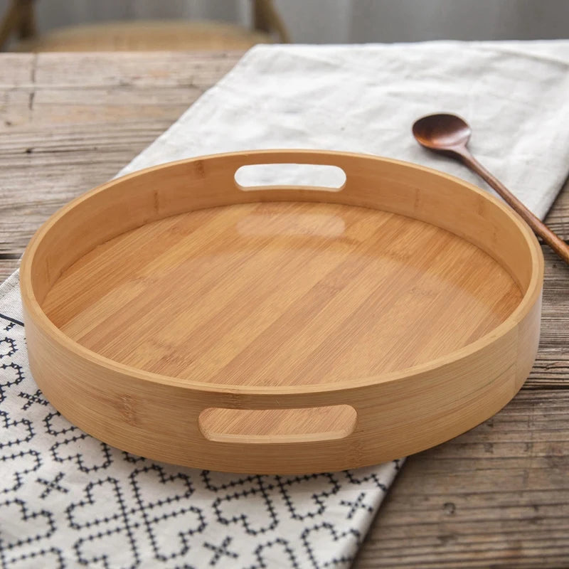 Promotion! Round Serving Bamboo Wooden Tray for Dinner Trays Tea Bar Breakfast Food Container Handle Storage Tray 3
