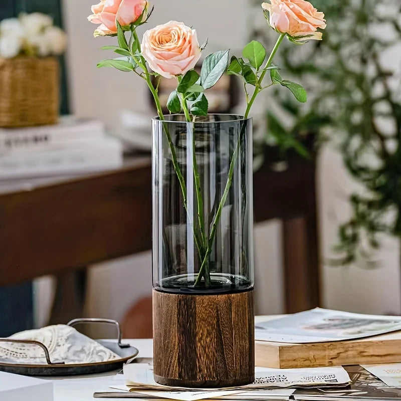 Perfect Elegant Glass Vase - Wooden Base, Ideal for Living Room & Dining Decor, Gift for Friends and Family