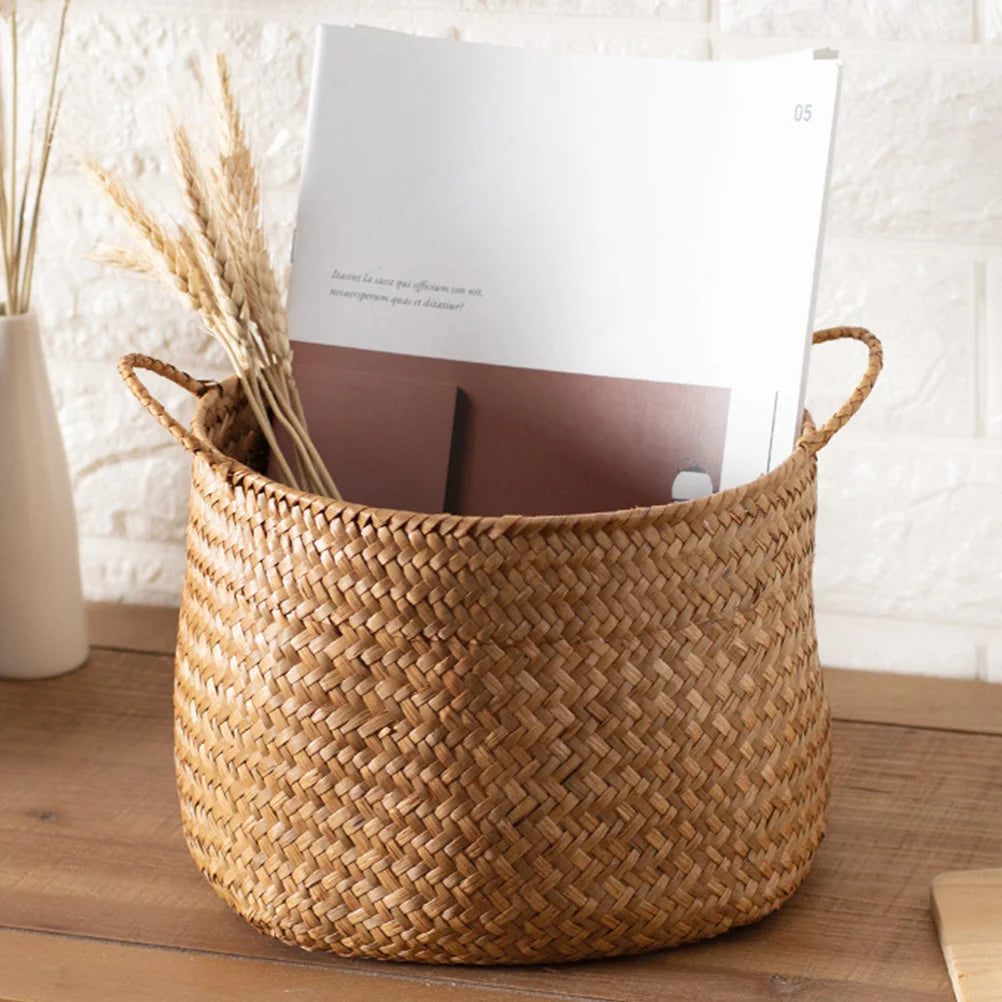 Storage Baskets Woven Sundries Small Japanese Flower Wicker Cute Organizers Brown with Handles Shopping