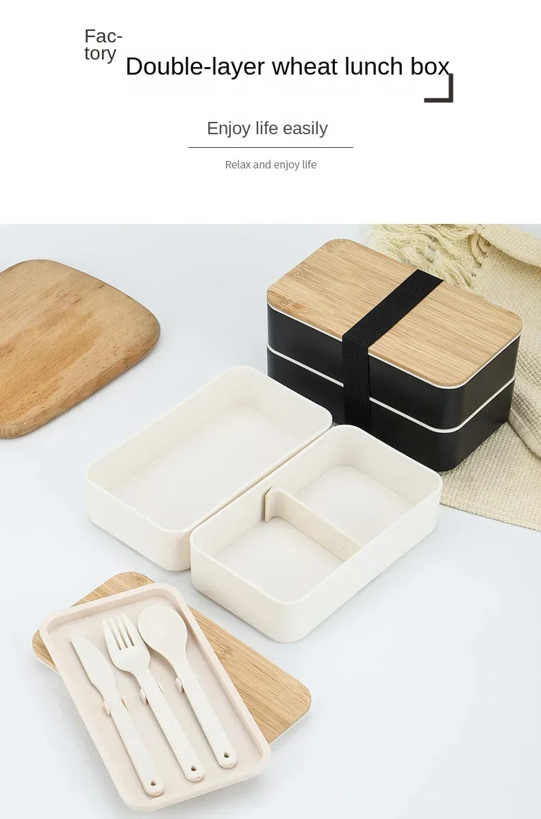 New Japanese Style Bento Box, Minimalist Double-layer Lunch Box with Knife, Fork, Spoon, Divided Student Lunch Box