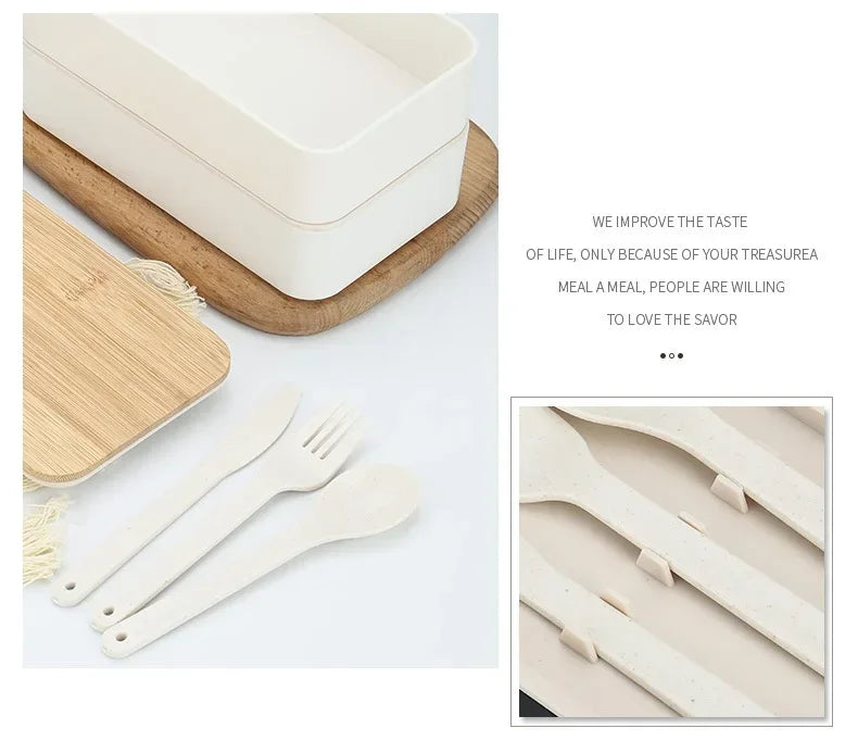 New Japanese Style Bento Box, Minimalist Double-layer Lunch Box with Knife, Fork, Spoon, Divided Student Lunch Box