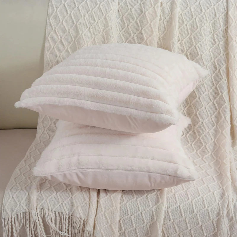 Pillow Cover Faux Rabbit Fur Square Cushion Big Thick Striped Super Soft Solid Color  45x45cm Sofa Decor Cushion Cover