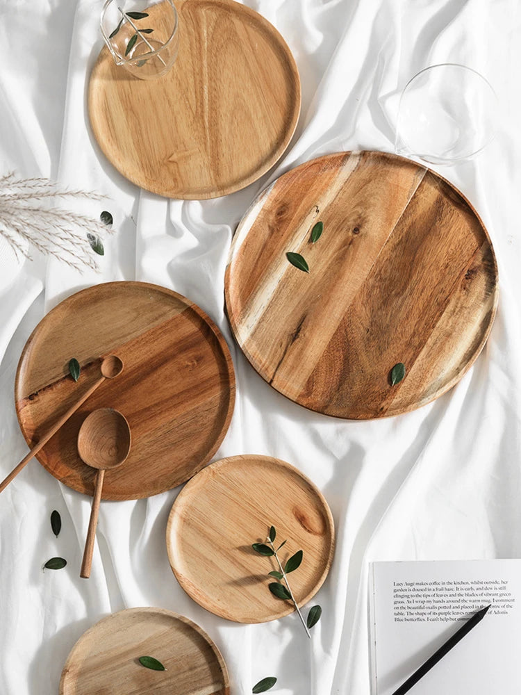 20/25/30cm Acacia Wood Serving Platter Tray Retro Round Pizza Salad Plate Fruit Dessert Tray Wooden Bread Cake Snacks Dishes