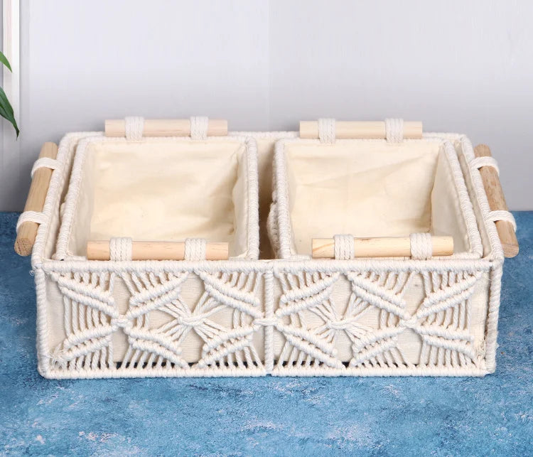 Handmade Woven Basket Cotton Rope Storage  Book Toy Desktop Sundries Storage Box Literary and Retro Style