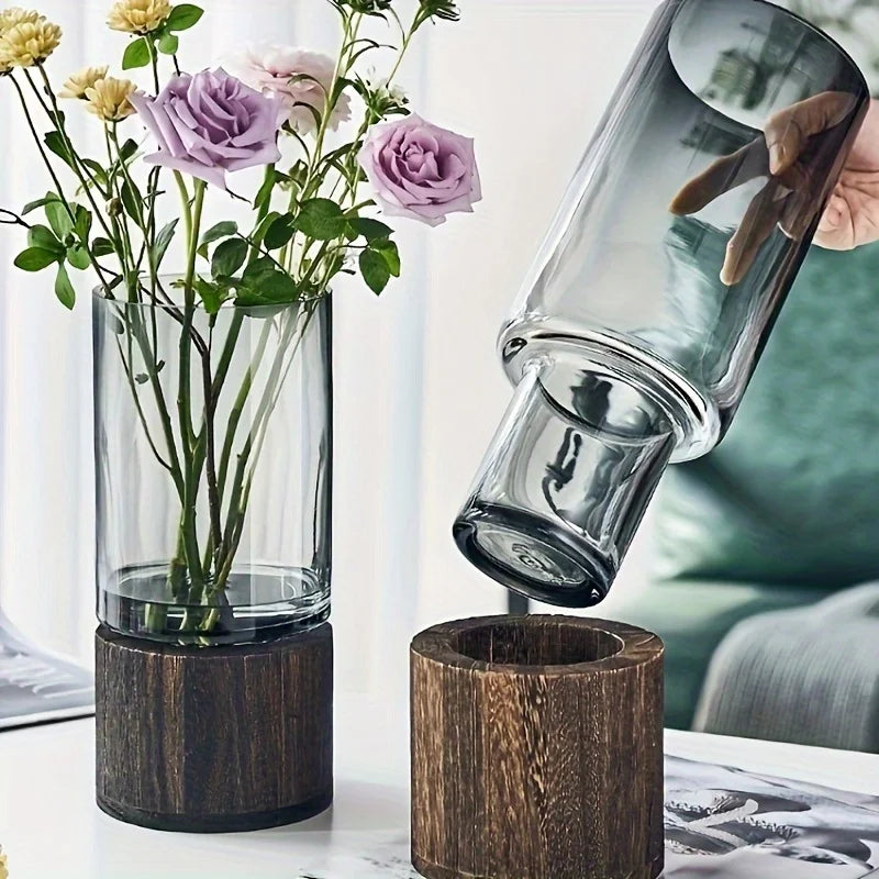 Perfect Elegant Glass Vase - Wooden Base, Ideal for Living Room & Dining Decor, Gift for Friends and Family
