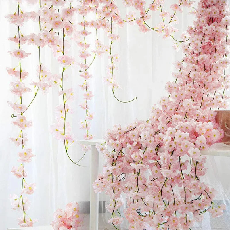 Artificial Cherry Blossom Flower Vines Fake Flowers Hanging Silk Flowers Garland for Wedding Party Garden Home Decor