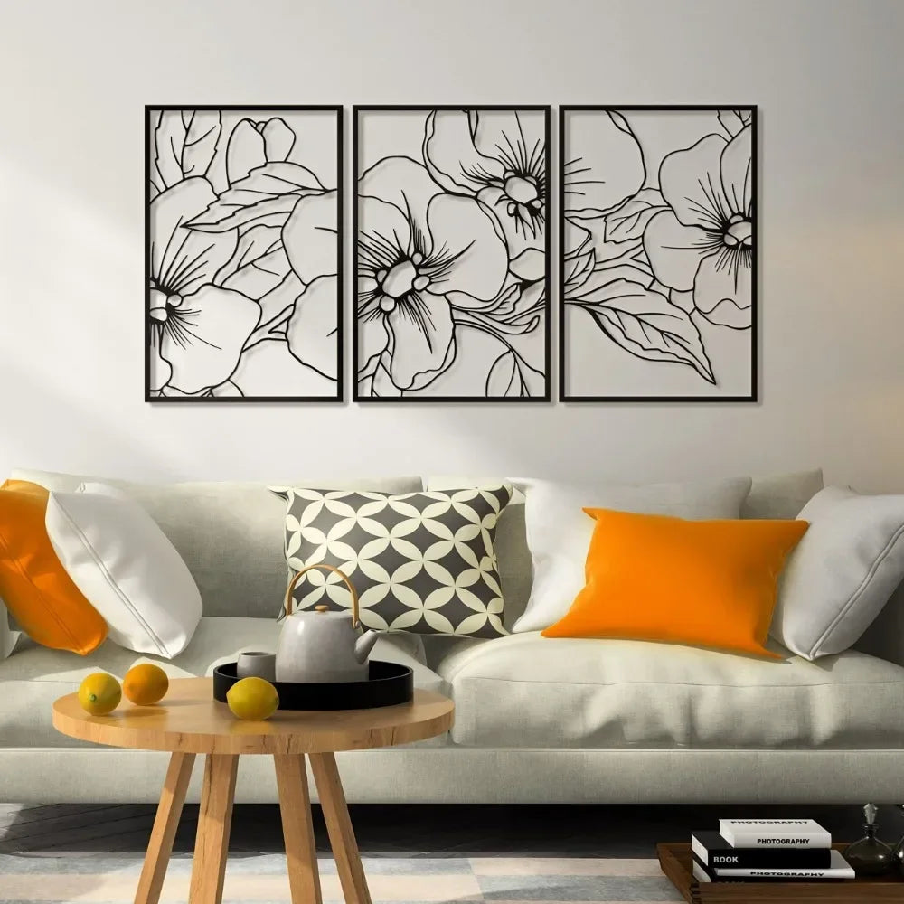 3 packs Minimalist Black Floral Metal Wall Art - Elegant Home Decor Accent,Wall decoration,Wall Sticker,Iron Art,Wall decoration