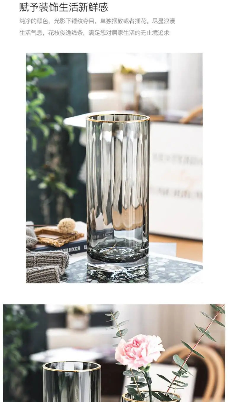 Vase, high-end straight tube, gold-plated glass vase, transparent water cured dried flower arrangement, desktop decoration