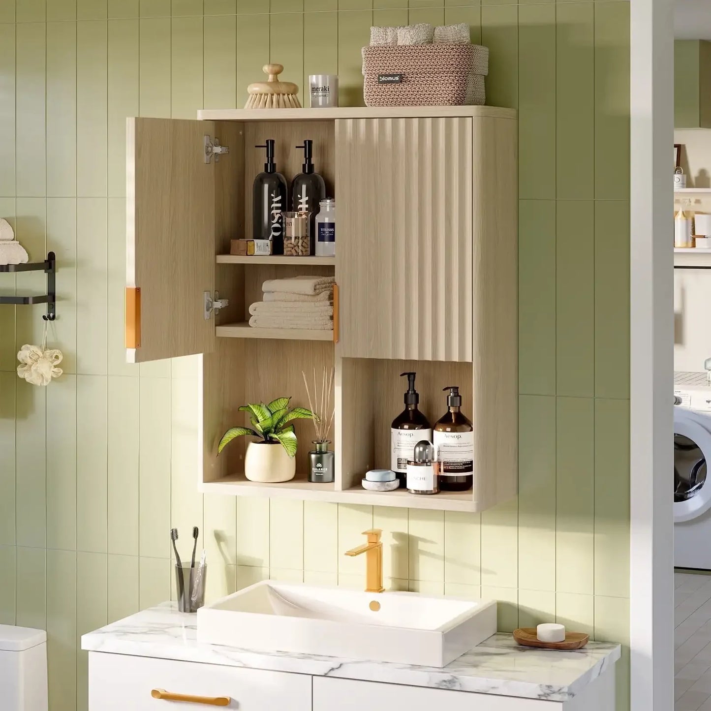 Fluted Wall-Mounted Bathroom Medicine Cabinet with Door & Shelves,23.62 x 8.27 x 29.84 Inches Wooden Over Toilet Storage Cabinet