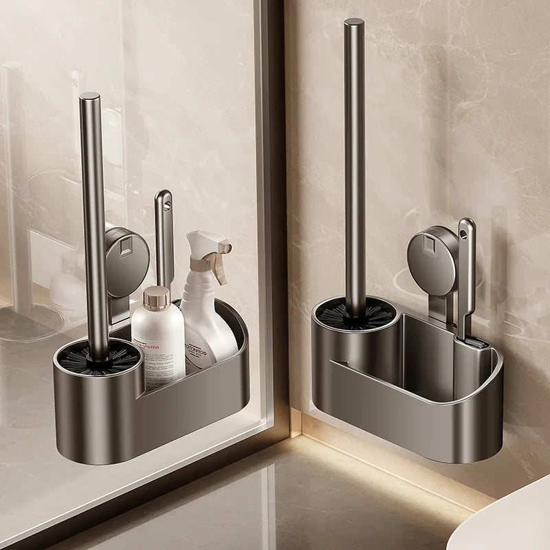 Bathroom Toilet Brush Holder Cleaning Tools Space Aluminum Wall Mounted Sucker  Vertical Toilet Brush Bathroom Accessories