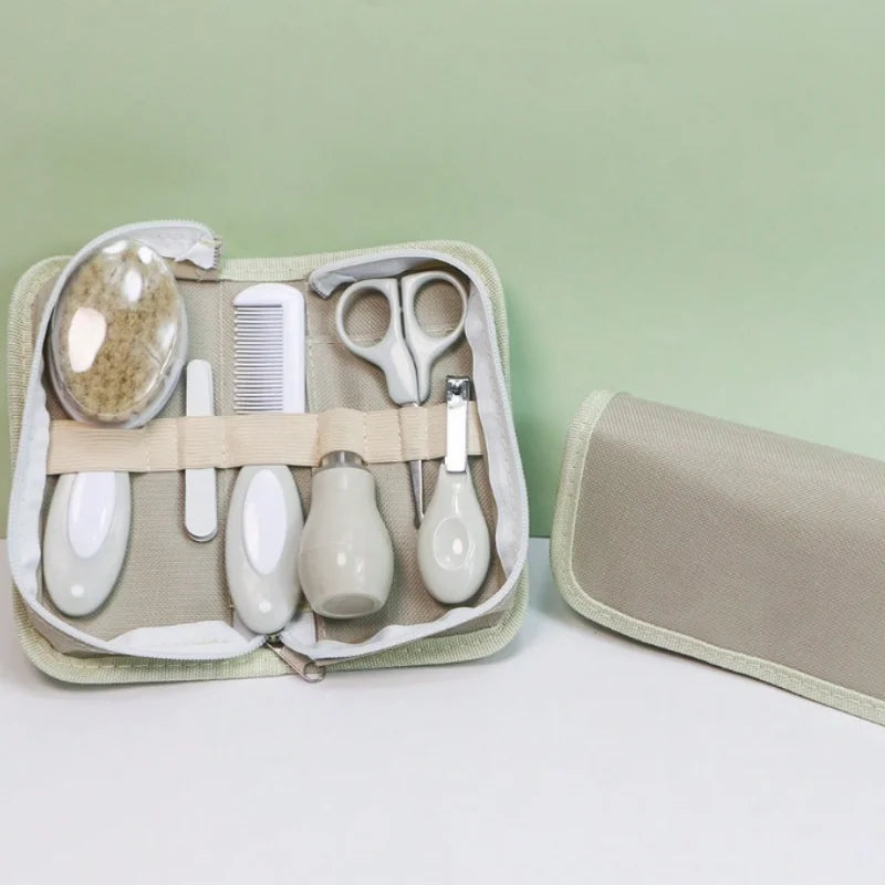 Khaki baby care kit, baby nose inhaler, nail clippers, file, brush, scissors, comb 6 daily cleaning tools
