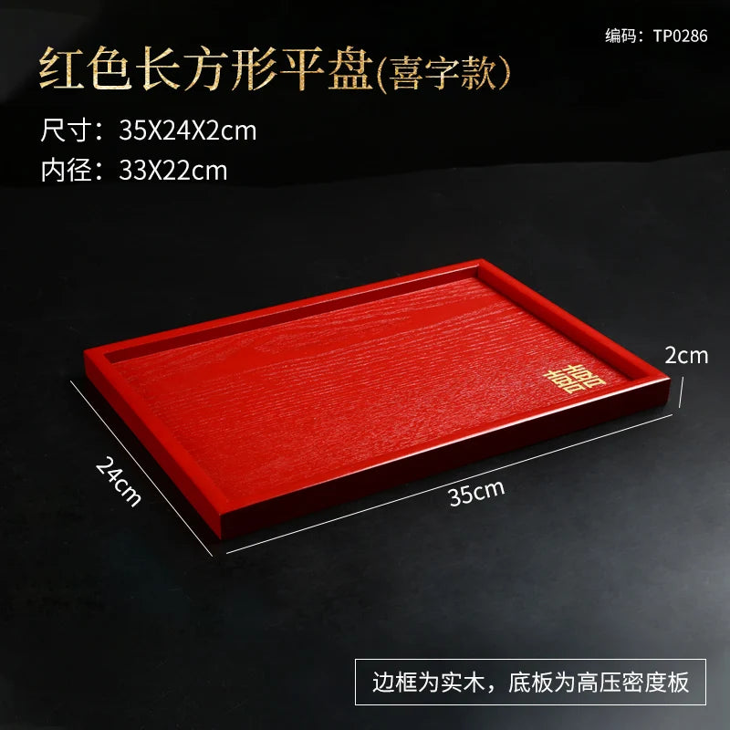Chinese Red Solid Wood Tray Wedding Wedding Decorative Tray Home Dry Brew Tea Tray Wedding Supplies
