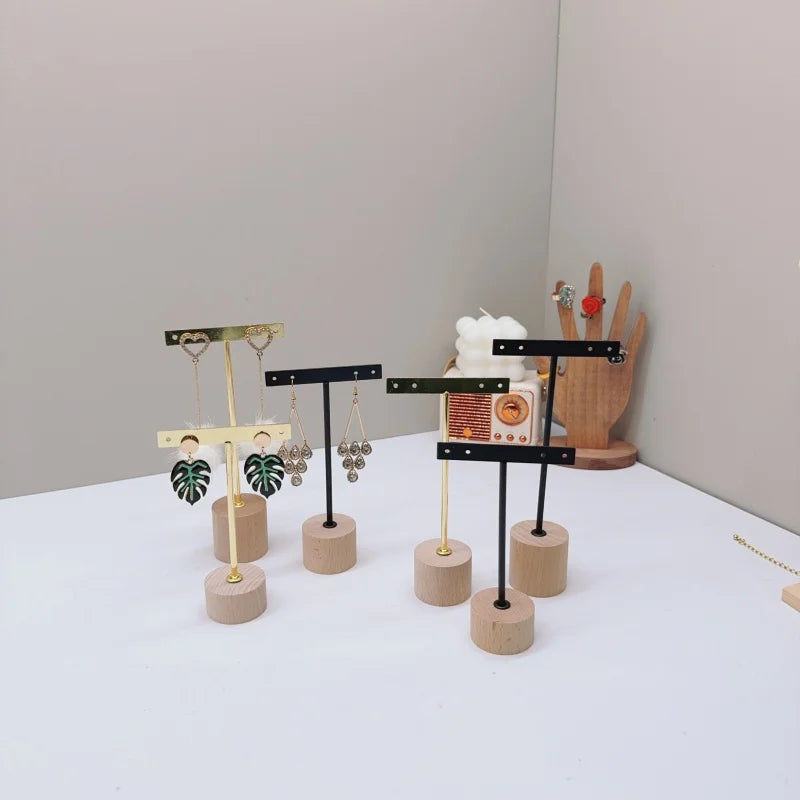 T Bar Earring Display Stand With Wooden Base Jewelry Holders Hanging Jewelry Organizer For Photography Props Iron jewelry rack