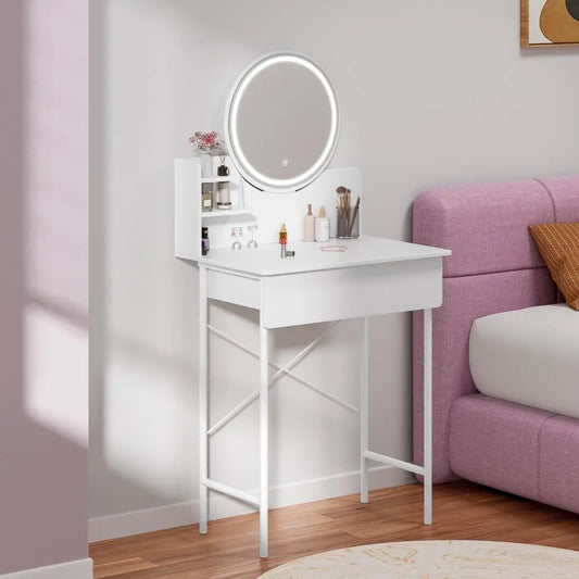 Makeup Vanity Desk with LED Lighted Mirror Vanity Table with 1 Drawer and 2 Opening Shelves 3 Modes Brightness Adjustable