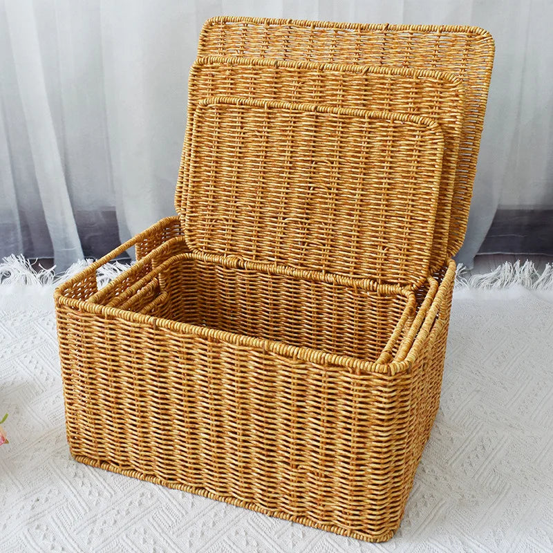 Closet Storage Basket Rattan Woven Organizer Box for Clothes Storage Bin with Lid Home Wardrobe Bedroom Shelf Use