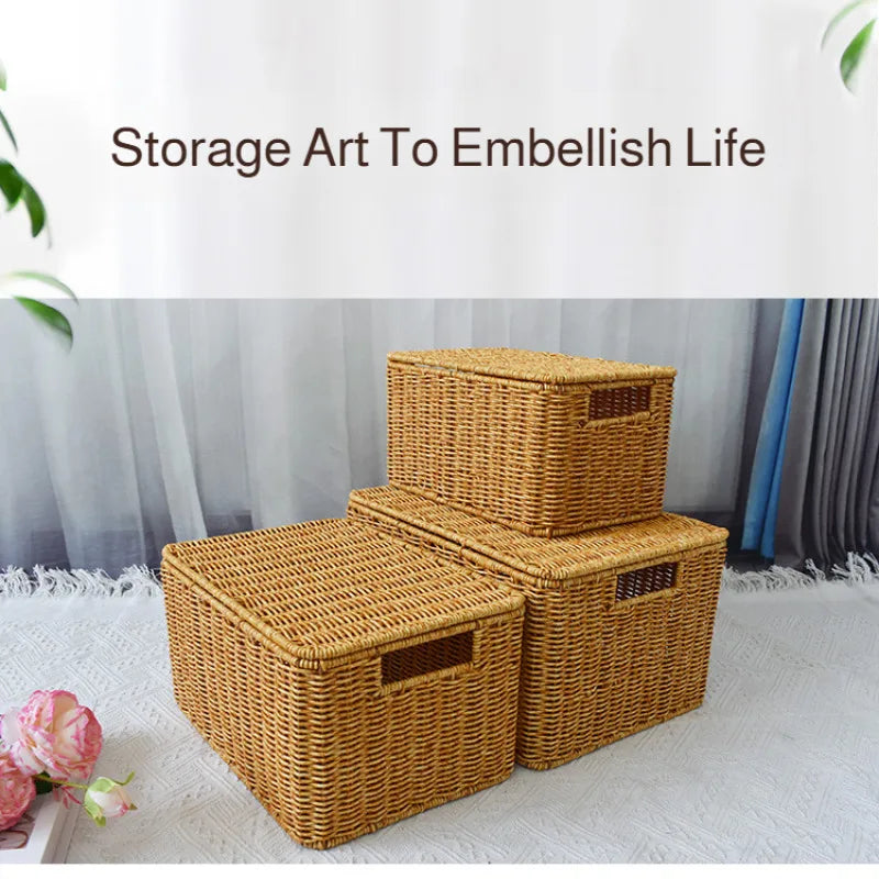 Closet Storage Basket Rattan Woven Organizer Box for Clothes Storage Bin with Lid Home Wardrobe Bedroom Shelf Use