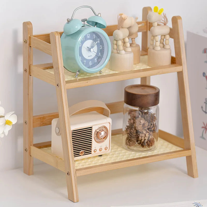 Wooden Storage Shelf 2-Tier Rattan Desktop Stand Organizer Trapezoidal Desk Display Rack Desktop Stationary Office Storage Rack