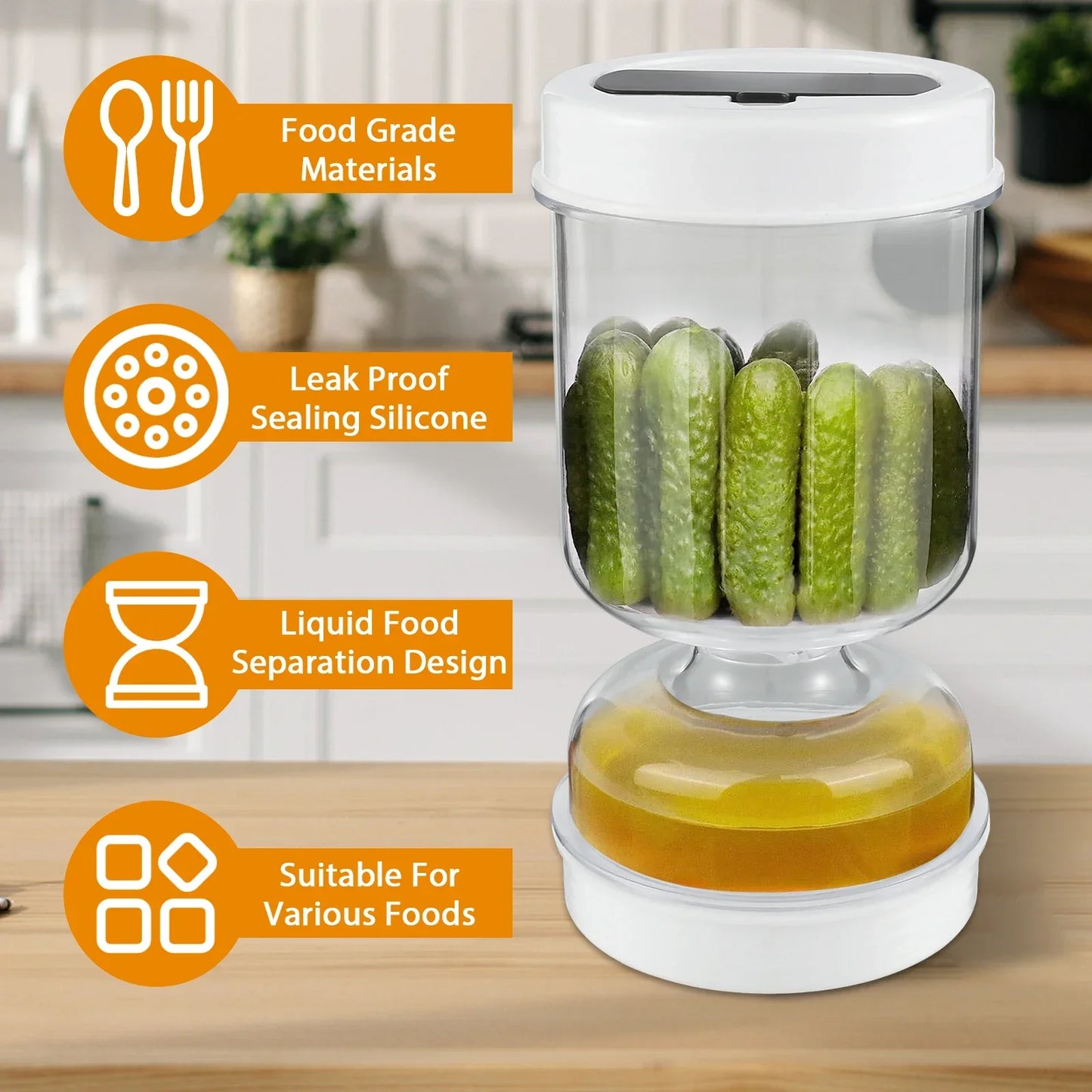 Pickle Container Wet and Dry Separation Pickle Olive Jar with Fork Leakproof Airtight Food Storage Upside Down Pickle Container