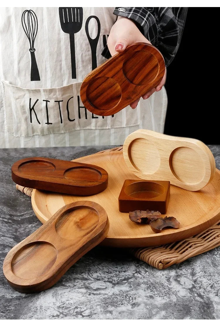 Wood Pepper Mill Tray Bamboo Salt Pepper Shaker Stand Tray Double Hole Base Tea Tray Home Decor Seasoning Bottle Storage Holder