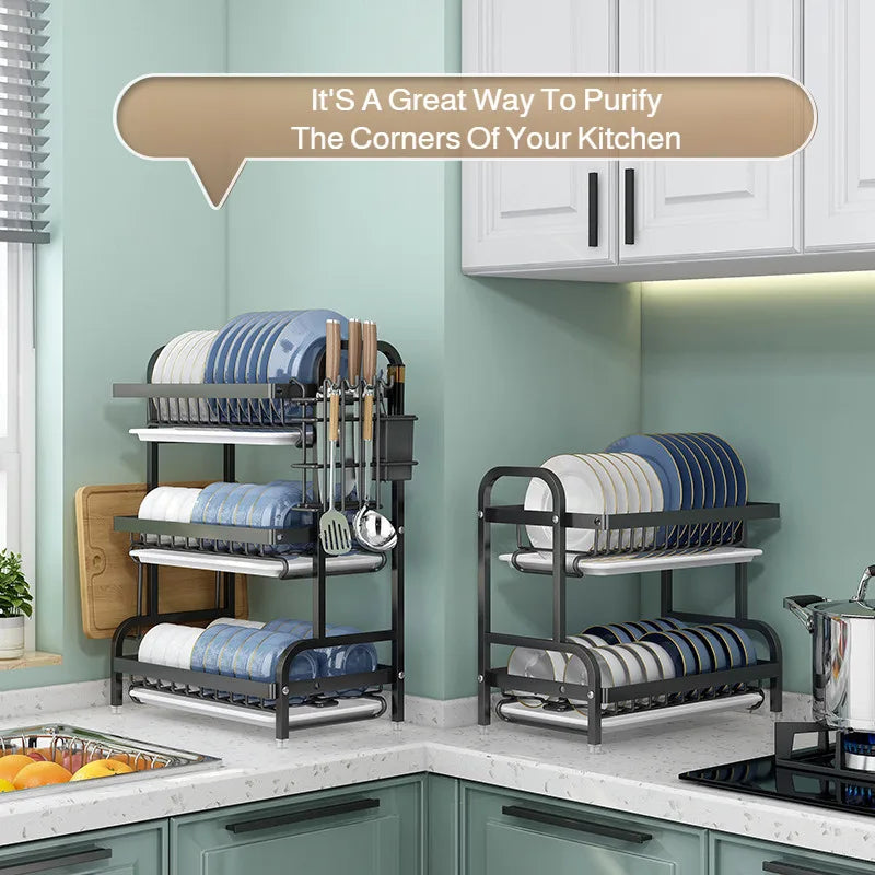 【Multi-Functional Kitchen Storage Rack】Dish Plate Organizer with Drainage Rack Countertop Utensil Holder for Chopsticks &
