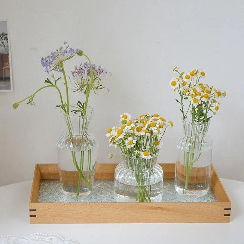Transparent Glass Vases Hydroponic Plants Flower Arrangement Bottle Mini Retro Striped Vase Home Room Dinner Table Decor ﻿