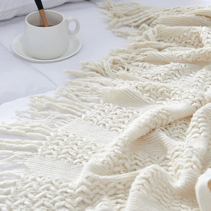 Cream White Textured Knitted Throw Blankets With Tassels Vintage Lightweight Farmhouse Gift Blankets 50x60inch Gift Blankets
