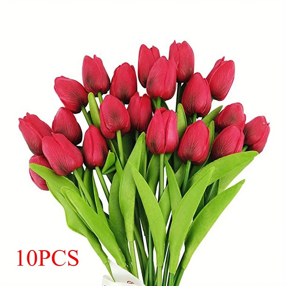 10Pcs Artificial Flowers Tulip PU Fake Flowers Bouquet Latex Real Touch Faux for Home Kitchen Wedding Ceremony Decorations